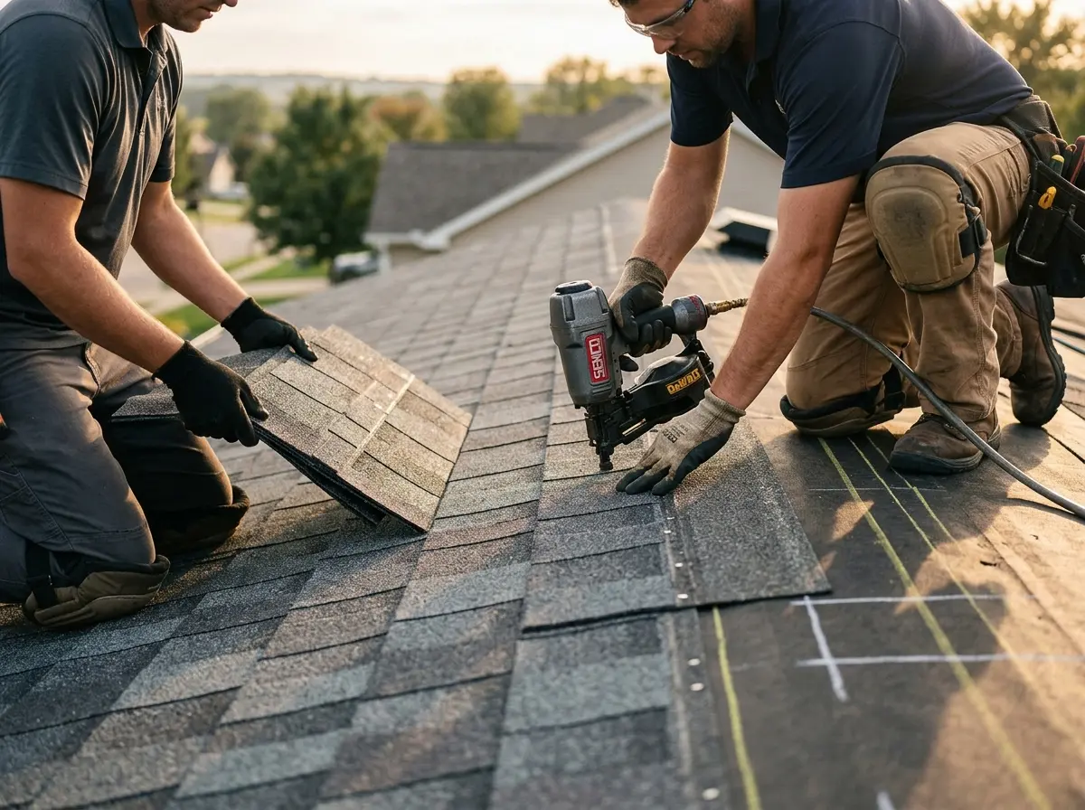 Professional roofer working on a residential roof in Bluffdale